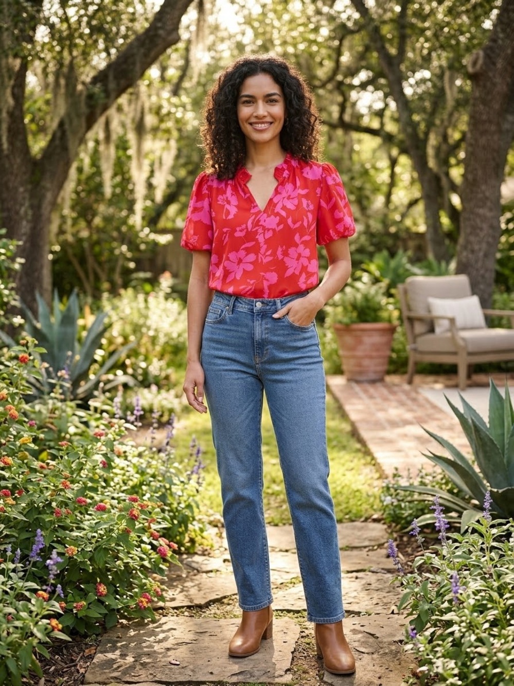 Floral V-Neck Blouse in Bright Pink